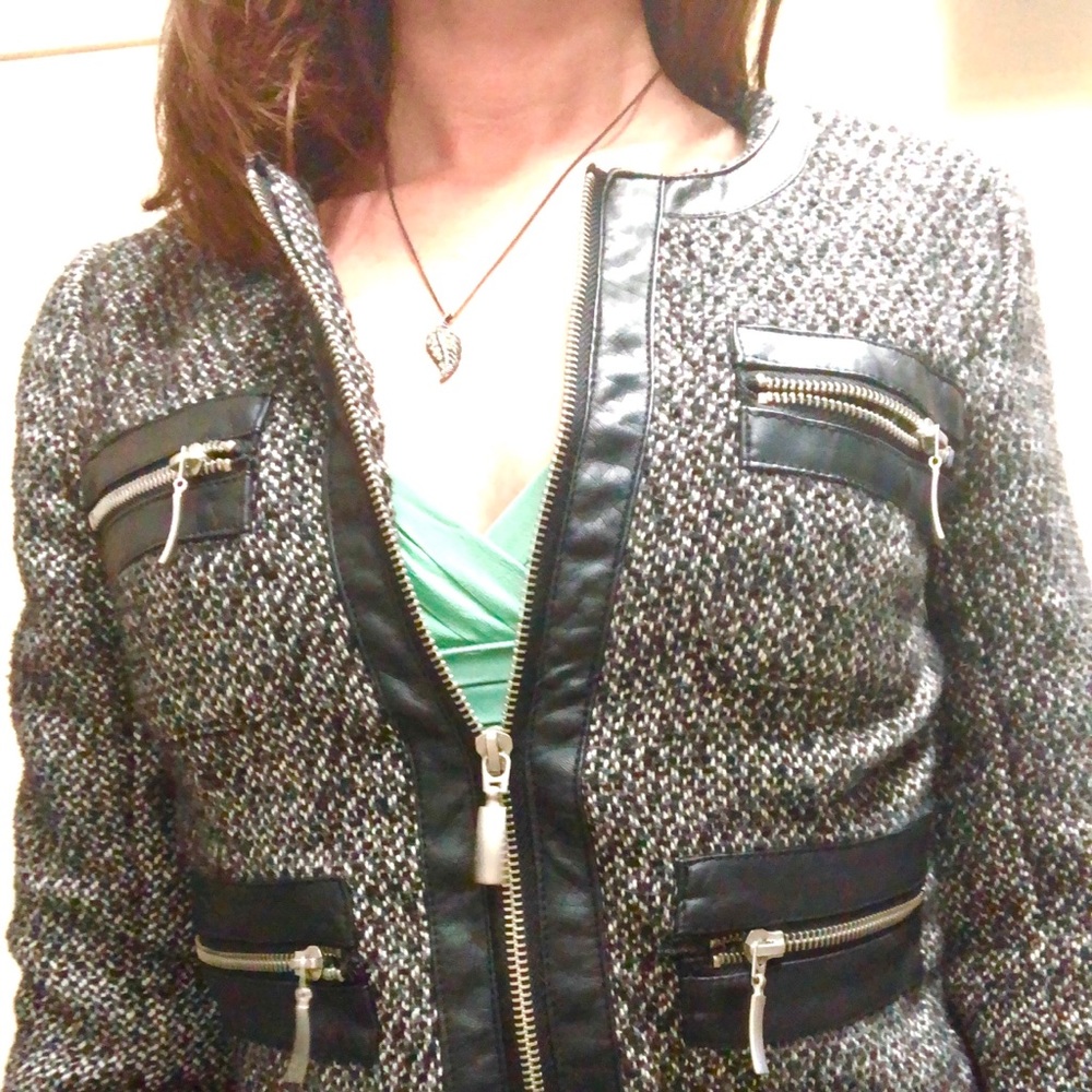 Tweed jacket with faux leather trim